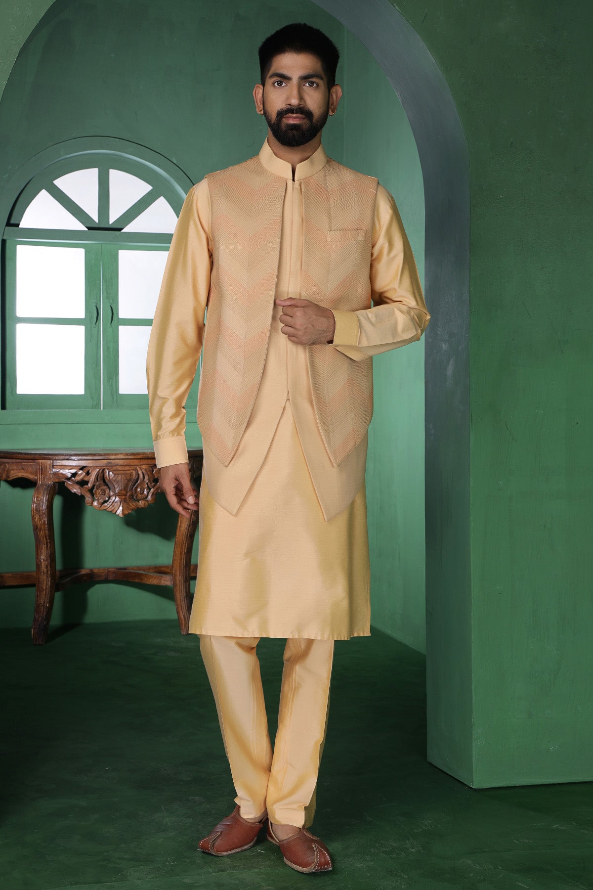 Buy Beige Asymmetric Kurta & Pants for Men by Designer Harshita Dhanawat available online at ScrollnShops